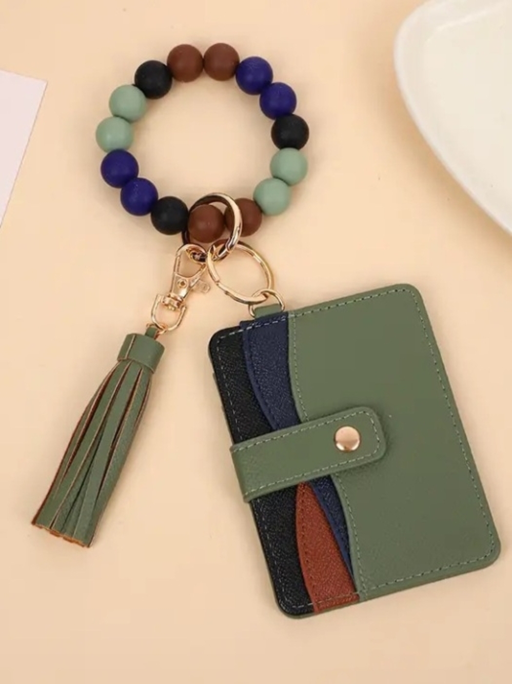 Green Multi-Accent Wristlet Card Holder with Tassel Keyring